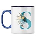 YuBingo Elegant Monogram Mug - Floral S Design, Dark Blue Inner &amp; Handle (Dark Blue Inner &amp; Handle, Tea Cup, 310ML)
