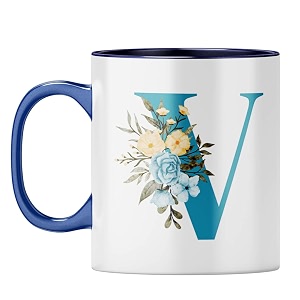 yubingo elegant monogram mug - floral v design dark blue inner amp handle dark blue inner amp handle tea cup 310ml
