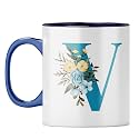 YuBingo Elegant Monogram Mug - Floral V Design, Dark Blue Inner &amp; Handle (Dark Blue Inner &amp; Handle, Tea Cup, 310ML)