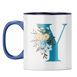 yubingo elegant monogram mug - floral y design dark blue inner amp handle dark blue inner amp handle tea cup 310ml