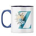 YuBingo Elegant Monogram Mug - Floral Z Design, Dark Blue Inner &amp; Handle (Dark Blue Inner &amp; Handle, Tea Cup, 310ML)