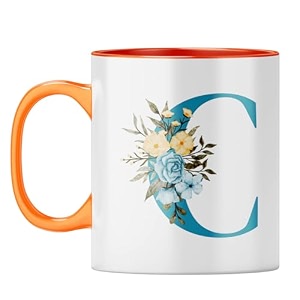 yubingo floral c monogram mug - beautiful gift orange inner amp handle orange inner amp handle tea cup 310ml