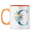 YuBingo Floral C Monogram Mug - Beautiful Gift, Orange Inner &amp; Handle (Orange Inner &amp; Handle, Tea Cup, 310ML)
