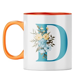 yubingo floral d monogram mug - beautiful gift orange inner amp handle orange inner amp handle tea cup 310ml