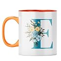 YuBingo Floral E Monogram Mug - Beautiful Gift, Orange Inner &amp; Handle (Orange Inner &amp; Handle, Tea Cup, 310ML)