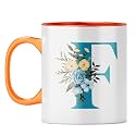 YuBingo Floral F Monogram Mug - Beautiful Gift, Orange Inner &amp; Handle (Orange Inner &amp; Handle, Tea Cup, 310ML)