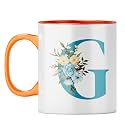 YuBingo Floral G Monogram Mug - Beautiful Gift, Orange Inner &amp; Handle (Orange Inner &amp; Handle, Tea Cup, 310ML)