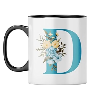 yubingo floral initial d mug - monogrammed gift black inner amp handle black inner amp handle tea cup 310ml