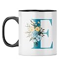 YuBingo Floral Initial E Mug - Monogrammed Gift, Black Inner &amp; Handle (Black Inner &amp; Handle, Tea Cup, 310ML)