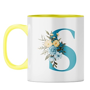 yubingo floral initial gift mug - elegant s design yellow inner amp handle yellow inner amp handle tea cup 310ml
