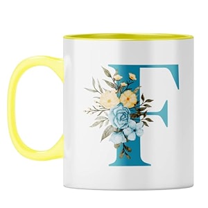 yubingo floral initial gift mug - elegant f design yellow inner amp handle yellow inner amp handle tea cup 310ml