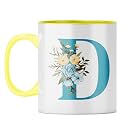 YuBingo Floral Initial Gift Mug - Elegant D Design, Yellow Inner &amp; Handle (Yellow Inner &amp; Handle, Tea Cup, 310ML)