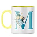 YuBingo Floral Initial Gift Mug - Elegant M Design, Yellow Inner &amp; Handle (Yellow Inner &amp; Handle, Tea Cup, 310ML)