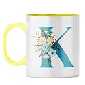 YuBingo Floral Initial Gift Mug - Elegant K Design, Yellow Inner &amp; Handle (Yellow Inner &amp; Handle, Tea Cup, 310ML)