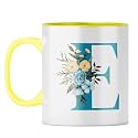 YuBingo Floral Initial Gift Mug - Elegant E Design, Yellow Inner &amp; Handle (Yellow Inner &amp; Handle, Tea Cup, 310ML)