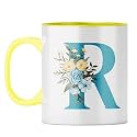 YuBingo Floral Initial Gift Mug - Elegant R Design, Yellow Inner &amp; Handle (Yellow Inner &amp; Handle, Tea Cup, 310ML)