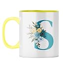 YuBingo Floral Initial Gift Mug - Elegant S Design, Yellow Inner &amp; Handle (Yellow Inner &amp; Handle, Tea Cup, 310ML)