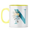 YuBingo Floral Initial Gift Mug - Elegant N Design, Yellow Inner &amp; Handle (Yellow Inner &amp; Handle, Tea Cup, 310ML)