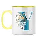 YuBingo Floral Initial Gift Mug - Elegant Y Design, Yellow Inner &amp; Handle (Yellow Inner &amp; Handle, Tea Cup, 310ML)
