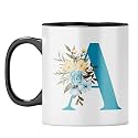 YuBingo Floral Initial Gift Mug - Elegant A Design, Yellow Inner &amp; Handle (Yellow Inner &amp; Handle, Tea Cup, 310ML)