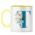 YuBingo Floral Initial Gift Mug - Elegant T Design, Yellow Inner &amp; Handle (Yellow Inner &amp; Handle, Tea Cup, 310ML)