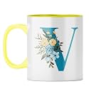 YuBingo Floral Initial Gift Mug - Elegant V Design, Yellow Inner &amp; Handle (Yellow Inner &amp; Handle, Tea Cup, 310ML)