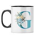 YuBingo Floral Initial Gift Mug - Elegant G Design, Yellow Inner &amp; Handle (Yellow Inner &amp; Handle, Tea Cup, 310ML)