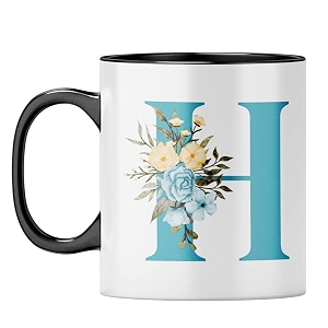 yubingo floral initial h mug - monogrammed gift black inner amp handle black inner amp handle tea cup 310ml