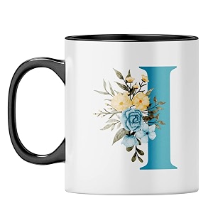 yubingo floral initial i mug - monogrammed gift black inner amp handle black inner amp handle tea cup 310ml