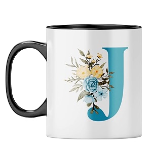 yubingo floral initial j mug - monogrammed gift black inner amp handle black inner amp handle tea cup 310ml