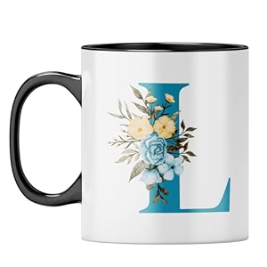 yubingo floral initial l mug - monogrammed gift black inner amp handle black inner amp handle tea cup 310ml