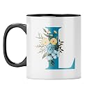 YuBingo Floral Initial L Mug - Monogrammed Gift, Black Inner &amp; Handle (Black Inner &amp; Handle, Tea Cup, 310ML)