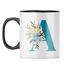 YuBingo Floral Initial A Mug - Monogrammed Gift, Black Inner &amp; Handle (Black Inner &amp; Handle, Tea Cup, 310ML)