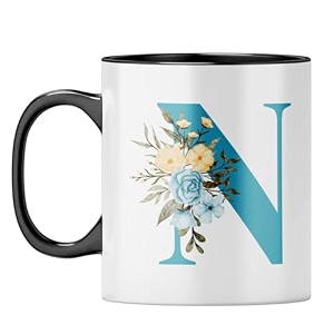 yubingo floral initial n mug - monogrammed gift black inner amp handle black inner amp handle tea cup 310ml