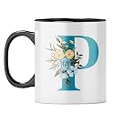 YuBingo Floral Initial P Mug - Monogrammed Gift, Black Inner &amp; Handle (Black Inner &amp; Handle, Tea Cup, 310ML)