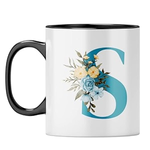 yubingo floral initial s mug - monogrammed gift black inner amp handle black inner amp handle tea cup 310ml
