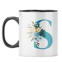 YuBingo Floral Initial S Mug - Monogrammed Gift, Black Inner &amp; Handle (Black Inner &amp; Handle, Tea Cup, 310ML)