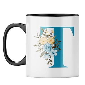 yubingo floral initial t mug - monogrammed gift black inner amp handle black inner amp handle tea cup 310ml