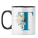 YuBingo Floral Initial T Mug - Monogrammed Gift, Black Inner &amp; Handle (Black Inner &amp; Handle, Tea Cup, 310ML)