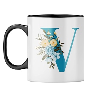 yubingo floral initial v mug - monogrammed gift black inner amp handle black inner amp handle tea cup 310ml