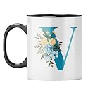 YuBingo Floral Initial V Mug - Monogrammed Gift, Black Inner &amp; Handle (Black Inner &amp; Handle, Tea Cup, 310ML)