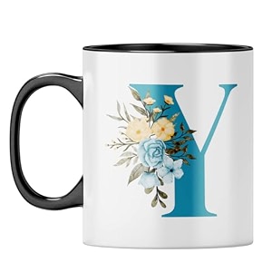 yubingo floral initial y mug - monogrammed gift black inner amp handle black inner amp handle tea cup 310ml