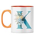 YuBingo Floral K Monogram Mug - Beautiful Gift, Orange Inner &amp; Handle (Orange Inner &amp; Handle, Tea Cup, 310ML)