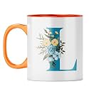 YuBingo Floral L Monogram Mug - Beautiful Gift, Orange Inner &amp; Handle (Orange Inner &amp; Handle, Tea Cup, 310ML)