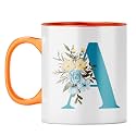 YuBingo Floral A Monogram Mug - Beautiful Gift, Orange Inner &amp; Handle (Orange Inner &amp; Handle, Tea Cup, 310ML)