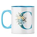 YuBingo Floral Monogram Mug - Initial C Design, Light Blue Inner &amp; Handle (Light Blue Inner &amp; Handle, Tea Cup, 310ML)