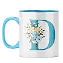 YuBingo Floral Monogram Mug - Initial D Design, Light Blue Inner &amp; Handle (Light Blue Inner &amp; Handle, Tea Cup, 310ML)