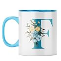 YuBingo Floral Monogram Mug - Initial F Design, Light Blue Inner &amp; Handle (Light Blue Inner &amp; Handle, Tea Cup, 310ML)