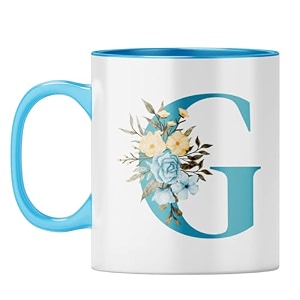 yubingo floral monogram mug - initial g design light blue inner amp handle light blue inner amp handle tea cup 310ml