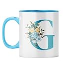 YuBingo Floral Monogram Mug - Initial G Design, Light Blue Inner &amp; Handle (Light Blue Inner &amp; Handle, Tea Cup, 310ML)